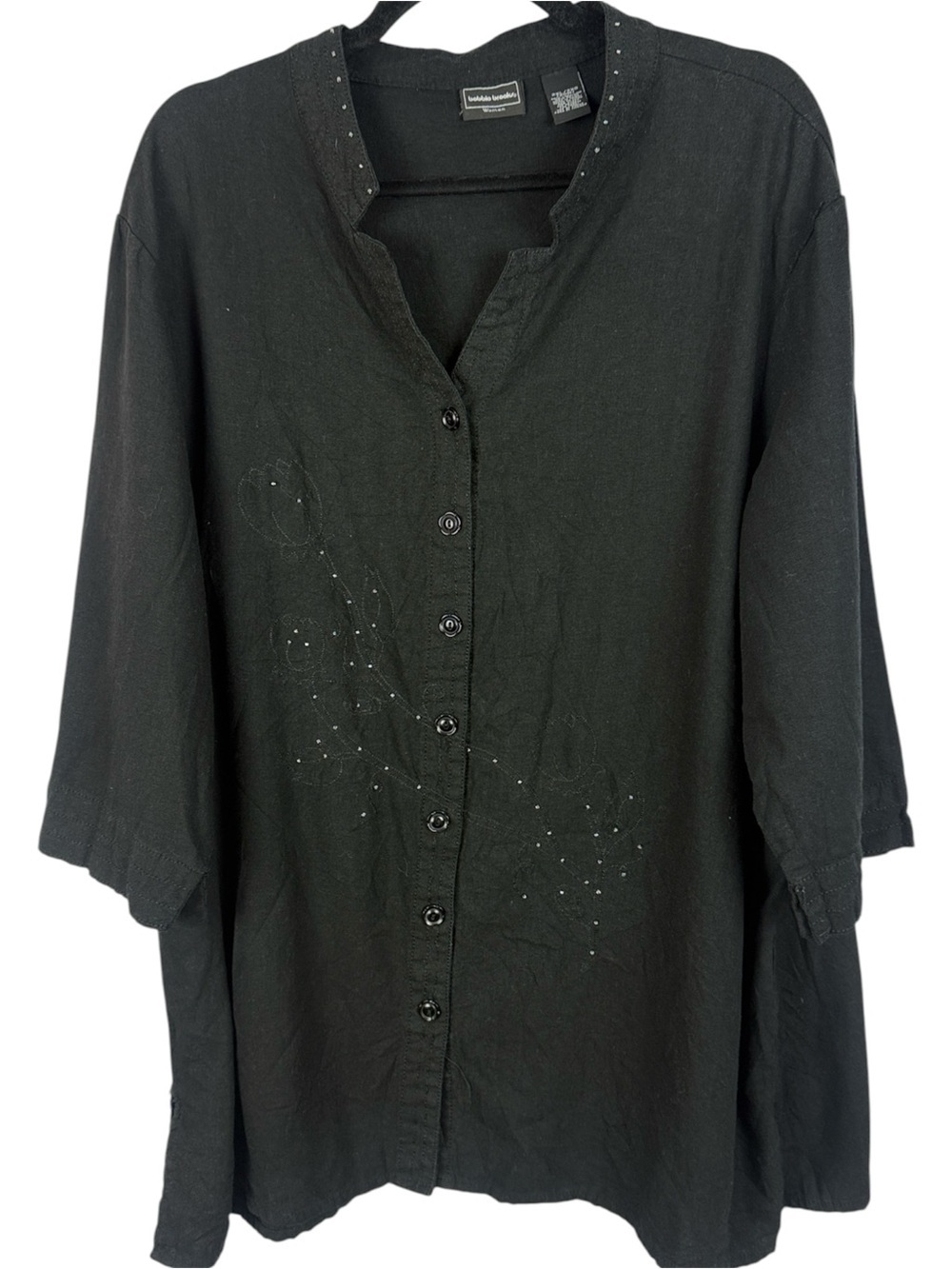 Bobbie Brooks Woman Black Linen Blend Floral Embroidered Button Down Tunic - 2X